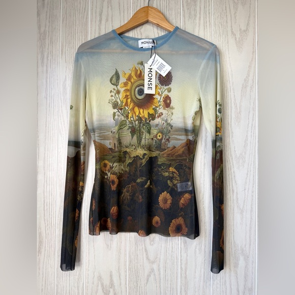 Sheer Sunflower Art Print Mesh Long Sleeve Top Size M NWT – MONSE - Picture 3 of 5